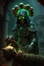 Placeholder: A otherworldly alien necromancer , he is dressed in a fantasy styled robe but reinforced with metal plates , his eyes are radiantly glowing in dim green energy, he has a ghostly halo made of skulls and bones, his aura has many ghostly contorted faces in it, the young necromancer is pulling a string of pure death energy from the remains of a ancient mummy, catacomb interior setting, realistic lighting, realistic details, masterpiece, vivid nightmare visuals