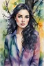 Placeholder: watercolor painting of a beautiful of a 25 year old woman, full body down to knees, realistic skin texture, looking into the camera, atmospheric light, realistic colors, black hair with a colorful background, looking like she tree around her