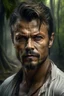 Placeholder: Portait Josh Duhamel as fantasy alpha male very muscular short cropped hair and rough beard, tribal tattoos wearing white button up shirt with rolled up sleeves realistic face, close-up, dark fantasy, fantasy forest, intricate details, hyper detailed, photograph