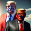 Placeholder: realistic image of donald trump as a mexican wrestling fighter posing outdoors, with mexican mask painted on the face, red and blue breeches, confederate flag cape, naked torso, retro style, 80s, vibrant color, highly detailed, sky background, concept art, unreal engine 5, god rays, ray tracing, RTX, lumen lighting, ultra detail, volumetric lighting, 3d, finely drawn, high definition, high resolution.