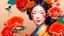 Placeholder: Portrait of beautiful smiling geisha, japanese girl, red, gold, orange, teal, yellow, roses, flowers, birds, intricate, elegant, highly detailed, digital painting, artstation, concept art, smooth, sharp focus, illustration, v, hyper realistic, intricate detail