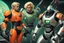 Placeholder: Create a vintage-style sci-fi image featuring a muscular male character with blond hair and a determined expression, dressed in a form-fitting, orange space suit with black belt, standing on a green, disc-shaped spacecraft. In close combat with a large, silver humanoid robot that has visible joint segments, round head, a flat face with two large circular eyes, and a small round mouth. The robot's right hand is raised while its left hand is gripping the protagonist's right forearm. The human char