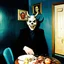 Placeholder: Flash photo of a room, 1980 horror movieshot, with chair, table, odd objects in background, ugly and scary mask, odd paintings hanging in the walls, rotten fruits, pair of glasses, horns, skin
