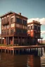 Placeholder: Rustic stepunk #buildings by water in. Mars