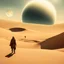 Placeholder: person alone in planet ,Dune-Desert Planet Arrakis: Image of a barren, sandy desert planet with two moons in the sky, conveying the harsh environment of Arrakis., Alexandro Jodorowsy Art,Juan Gimenez Art,Space Art,Sci-Fic Art,Dark Influence,NijiExpress 3D v2,Kinetic Art,Datanoshing,Oil painting,Ink v3,Splash style,Abstract Art,Abstract Tech,CyberTech Elements,Futuristic,Epic style,Illustrated v3,Deco Influence,Air Brush style,drawing