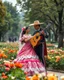 Placeholder: Mexican Beautiful Princess Romantic dancing mariachi with handsome prince in Park city ,Mariachi musician group, flower beds, fractal ornamentation, over detailed, gloriously full and confusing, nothing that really exists, everything made up, fantasy world, sweet briar, photography graphic art, song birds, ochre rose, rose buds, dewy morning, forest of oaks,