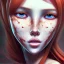 Placeholder: redhead girl, asian eyes, freckles, brown eyes, pink eye makeup, big pores, ultra detailed portrait