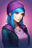 Placeholder: A realistic drawing of Chloe Price, the girl with the blue hair from the videogame "Life Is Strange", pretty, professional, of great quality, wearing her usual purple beanie cap and her 3 bullets necklace, being happy.