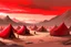 Placeholder: painting, landscape, artistic, illustration, black desert, black sand, bleak, pale red sky, large bustling camp, tigtly packed leather tents, vereshagin style