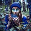 Placeholder: woman in the forest picking and eating blueberries and her mouth and hands are covered with blueberries, woman is stylish