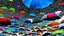 Placeholder: Cloudy sky. It's raining. The sky is fully filled with so many umbrellas of diverse colors.