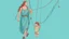 Placeholder: A digital illustration of a woman walking carrying a child in a sling, on an aquamarine blue background, with clothes hanging on a line nearby