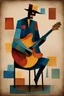Placeholder: a jazz guitar player sitting on a stool in the style of Paul Klee