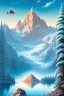 Placeholder: mountain with ice-cream on top, lake, trees, mystical, art deco