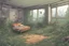 Placeholder: interior house, overgrown apocalyptic, background, comic book,