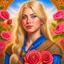 Placeholder: Blue eyed traditional blonde Viking woman art with nature and roses in the background