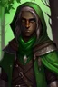 Placeholder: Male wood elf, rogue assassin, brown skin, bright green eyes, mauve longish hair, hooded black leather, friendly, trees, stoner