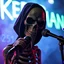 Placeholder: a very thin swedish man (near skeleton), with a plague mask with only a hole for the mouth (no eyes), he is called "KEBAB MAN" performing at death metal club, his name is "KEBAB MAN" kebab rolls On stage, kebab Neon lights and smog, and "KEBAB MAN" big sign on the wall, kebab tribal tattooes, spinning kebab machines, flames and smoke, chaos, he singing with mic,