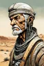 Placeholder: create a front facing, portrait illustration of an aged, otherworldly lost cyborg nomadic wanderer with highly detailed, sharply lined and deeply weathered facial features in a dusty ruined desert oasis in the comic art style of Enki Bilal, precisely drawn, finely lined and inked in arid desert colors