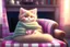 Placeholder: Pastel colors, cute fluffy chibi cat reads sitting in a big soft armchair, covered with a plaid blanket, a teapot and steaming tea on a small table next to her, in sunlight. The fire in the fireplace is blazing.