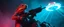 Placeholder: volume fog light, hyper real rock lizard man general with weapon arsenal from hell, guarding bridge up to space saucer neon plastic transparent