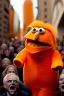 Placeholder: a Film Photograph of an orange Donald Trump Muppet made of felt and fur yelling at everybody