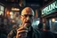 Placeholder: man looking like "Walter White" in breaking bad tv show, bald and goatee glasses, holding condoms in a crowdy slum bar, smoke and light from windows. a sign with the word "LYXRUNKA" on the wall