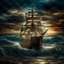 Placeholder: view of turbulent swells of a violent ocean storm, inside a glass bottle on the beach ม dramatic thunderous sky at dusk at center a closeup of large tall pirate ship with sails, breaking light