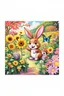 Placeholder: The cute bunny excitedly looks at a bright yellow sunflower in the colorful garden, the beautiful butterfly and friendly squirrel are in the picture, child book illustration style, faces must be the same as reference image