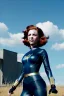 Placeholder: retro portrait image from 1960, sky background, wind, long red hair, fighting stance, sweet young Scarlett Johansson, black dress, classic long tight lycra black suit, gold bracelet and belt, high heel boots, superhero style, black widow, soft color, highly detailed, unreal engine 5, ray tracing, RTX, lumen lighting, ultra detail, volumetric lighting, 3d, finely drawn, high definition, high resolution.