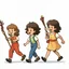 Placeholder: children joyfully walking. Left most child is carrying a parade leader's staff wrapped in ribbon. Right most child is holding batons. improve quality but maintain style.