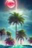 Placeholder: 1980's vaporwave aesthetic palm trees with lightning with lunar eclipse in the ocean waves sunset