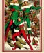 Placeholder: two elves. woman and man. stand apart. Christmas scene. poster. marvel comic. low-key