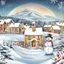 Placeholder: Vector graphic for t-shirt design, sticker, centered circle masked, (snowy Christmas scene, winter season, with a fluffy puppy, snowman, Trees, snowflakes), Watercolor, sunny landscape Tuscany, best quality, complex composition, hdr, vivid color, rich decorated and detailed.