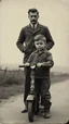 Placeholder: An old picture style of black and white mono very bad quality looks very old camera picture with cracks a 10!years old boy with a scooter standing with a man with Alina face .year 1900