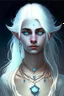 Placeholder: hauntingly beautiful character for dnd, young woman with white hair and blue eyes, angel, with moon necklace, dangs