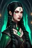Placeholder: Beautiful young Hexblood warlock female character. Long straight jet-black hair to the waist. Half-up hairstyle with two loose Dutch braids on each side. Bright glowing pale emerald-red eyes. Delicate face. High cheekbones. Full lips. Soft smile. Faint dark vine-like markings on face, neck and collarbone. Black long cloak. Scars, markings and tattoos Realistic dark fantasy. Highly detailed. Cinematic lighting.