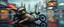 Placeholder: master oil painting by Rembrandt, the tilted quilter,glasses and ticks, cyberpunk imagery synchronized stylized fluffy gremlin with wolf rat aura laying low with drumming kit flat power trike , wet reflective salt flat city, fast motion blur background,technocracy mega tv