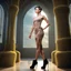 Placeholder: A full-body shot of a beautiful lady wearing beautifull tight pants and pretty color short dress with short boots ,short hair,idle pose in recursive 3d fractal hall