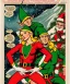 Placeholder: two elves. woman and man. Christmas scene. poster. marvel comic. low-key