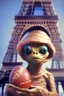 Placeholder: E.T. the Extra Terrestrial holding a decorated Easter egg in front of the Eiffel Tower