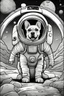 Placeholder: [Black & White Full Body Cartoon Style] Coloring Book: A determined dog dressed as an astronaut, exploring a grayscale alien landscape.