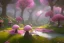 Placeholder: Paysage forêt grands arbres maison avec champignons roses et une rivière bordée de grandes fleurs roses lumiere volumetrique unity engine