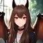 Placeholder: A closeup headshot portrait of a bat demihuman which is a human with bat characteristics. woman with long brown hair, red eyes, brown bat ears and brown bat wings, inside a modern zoo, intricately detailed, cell shaded anime style