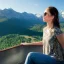 Placeholder: A beautiful woman sitting on the top of the building, looking at the stunning mountains