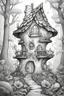 Placeholder: a coloring page, a whimsical fairy house in the forest, cinematic view, clean lineart, black and white only