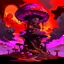 Placeholder: A fantabulous black, orange, and pink (((mushroom tower house))) erected atop a (geologic pillar), surrounded by the uncanny imaginative ((( swirling skies))), offset by the stark hues of a (neon-tinged nebulous space scape), within. captured by the hand a skilled master painter with a focus on (softly blurred compositions and voluminous lighting).