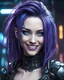 Placeholder: white skinned soft face long dark purple streaked haired blue eyed cyberpunk woman smiling