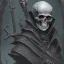 Placeholder: Evil Old human Necromancer in dark robes in a dark cave covered in darkness and bones with skeletons surrounding