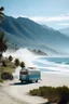 Placeholder: Background: New Zealand sandy beach, blue water. very old campervan. Exhaust smoke. snowcapped mountains. Foreground: winding road. Palm trees.